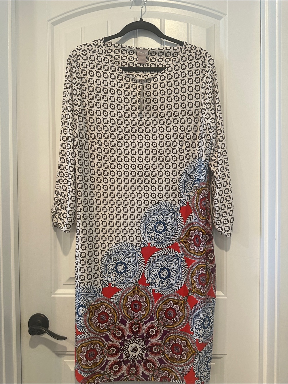 Chico's Navy, White & Red Medallion Midi Shift Dress
